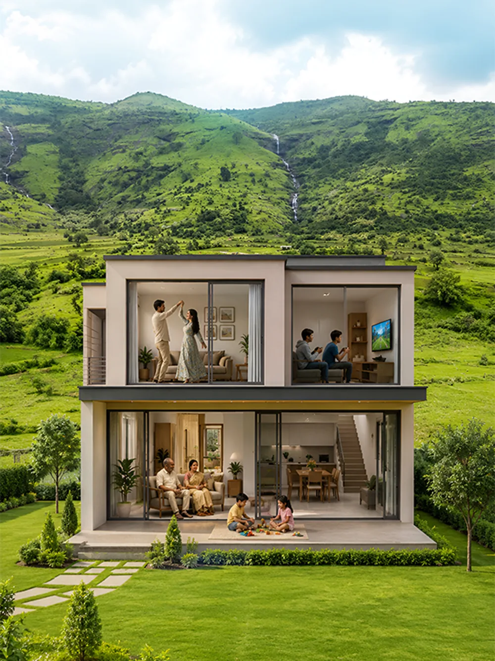Modern villa with families enjoying the valley
